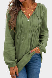 V Neck Blouse | Green Casual Pleated Textured Top