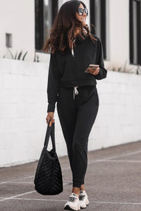 Lounge Set | Black Drawstring Hoodie and High Waist Pants