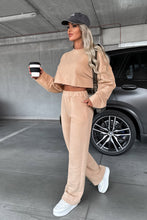 Load image into Gallery viewer, Wide Leg Pants Outfit | Khaki Long Sleeve Distressed Crop Top
