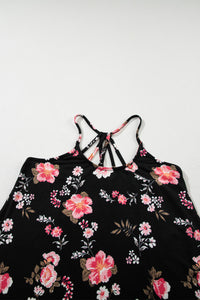 Black Floral Spaghetti Straps Strappy Back Tank Top | Tops/Tank Tops