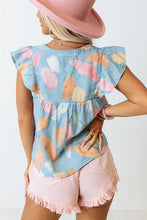 Load image into Gallery viewer, Cap Sleeve Top | Sky Blue Splotches Pattern Ruffled Shift Top
