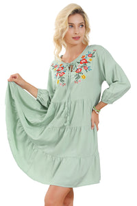 Green Floral Embroidery Tiered Ruffle Hem Dress | Dresses/Floral Dresses