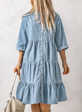 Load image into Gallery viewer, Sky Blue Ruffled Denim Full Buttoned Midi Dress | Dresses/Midi Dresses
