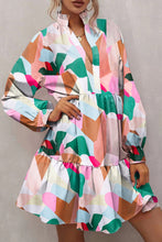 Load image into Gallery viewer, Multicolour Geometric Print Stand Neck Balloon Sleeve Ruffled Dress
