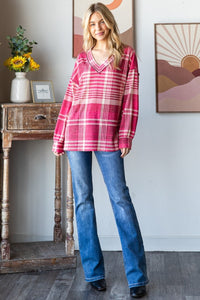 Pink Plaid V-Neck T-Shirt