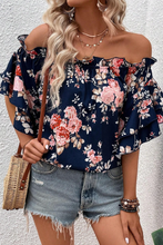 Load image into Gallery viewer, Blue Ruffle Off Shoulder Flounce Sleeve Floral Blouse | Tops/Blouses &amp; Shirts
