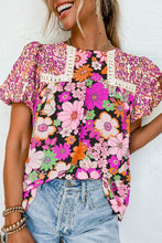 Load image into Gallery viewer, Floral Print Blouse | Rose Red Bubble Sleeve Lace Trim Print Top
