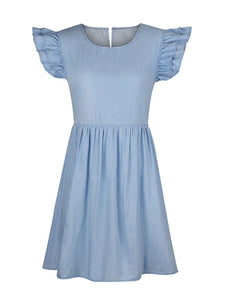 Womens Denim Dress | Full Size Ruffled Round Neck Cap Sleeve Denim Dress | Dress