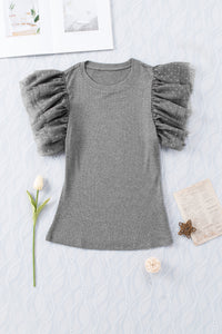 Ruffle Sleeve Top | Gray Dotty Mesh Ribbed Knit Top