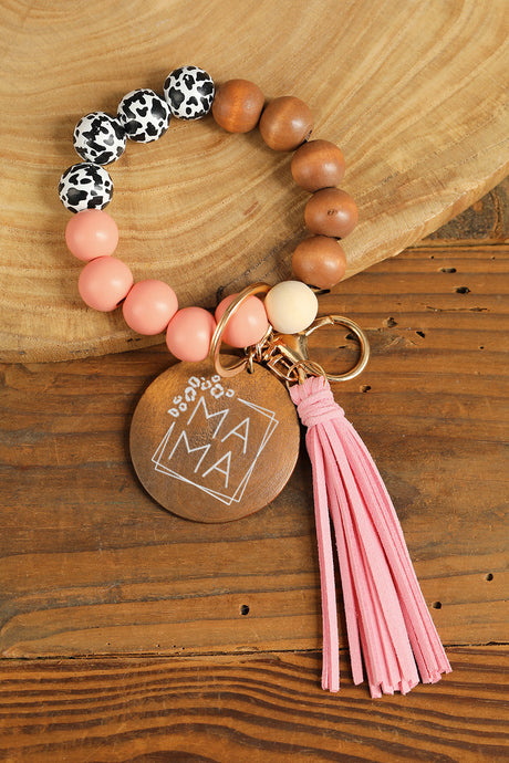 Pink MAMA Wood Pendant Leopard Fringe Keychain | Accessories/Other Accessories