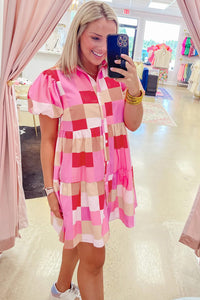 Puff Sleeve Dress | Pink Plaid Print Buttoned Tiered Dress