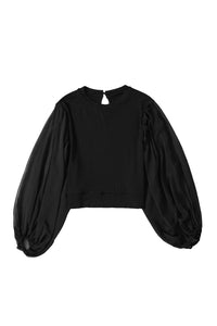 Puff Sleeve Blouse | Black Billowy Mesh Ribbed Top