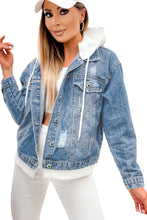 Load image into Gallery viewer, Sky Blue Distressed Contrast Hooded Denim Jacket with Pockets | Outerwear/Denim jackets
