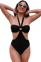 Load image into Gallery viewer, Black Halter O-ring Ruched Bust One Piece Swimsuit | Swimwear/One Piece Swimsuit
