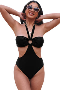 Black Halter O-ring Ruched Bust One Piece Swimsuit | Swimwear/One Piece Swimsuit