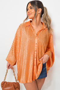 Wide Sleeve Blouse | Grapefruit Orange Crinkled Button Up Top