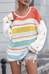 Multicolor Hollow Striped Knit Contrast Sleeve Sweater | Tops/Sweaters & Cardigans