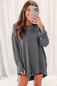 Gray Waffle Knit High Slits Oversized Top | Tops/Long Sleeve Tops