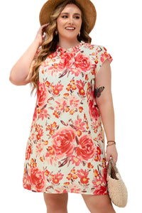 Fiery Red Plus Size Frilled Neck Ruffle Sleeveless Floral Dress | Plus Size/Plus Size Dresses/Plus Size Mini Dresses