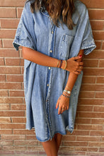 Load image into Gallery viewer, Light Blue Loose Medium Wash Short Sleeve Shirt Chambray Dress | Dresses/Midi Dresses
