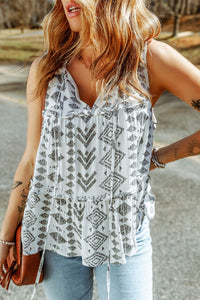 White Tribal Geometric Print Tiered Frilled V Neck Tank Top | Tops/Tank Tops