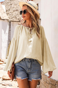 Drawstring Blouse | Apricot Lantern Sleeve Stripe Tassel