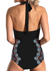 Womens Swimsuit | Cutout Printed Halter Neck One-Piece Swimwear | Swimwear/One Piece Swimsuit