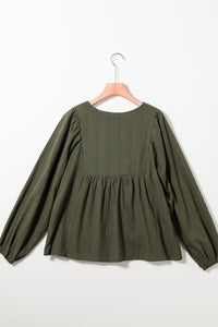 Pleated Loose Blouse | Green Embroidered Split Neck