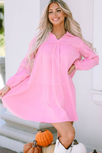 Pink Turn-down Neck Textured Bubble Sleeve Dress | Dresses/Mini Dresses