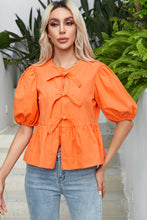 Load image into Gallery viewer, Grapefruit Orange Knotted Puff Short Sleeve Peplum Blouse | Tops/Blouses &amp; Shirts
