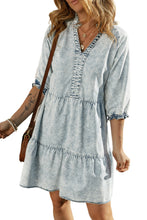 Load image into Gallery viewer, Dusk Blue Acid Wash Retro Half Sleeve Flared Denim Dress | Dresses/Mini Dresses
