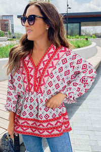 Fiery Red Geometric Print 3/4 Sleeve V-Neck Shirred Waist Flared Blouse | Tops/Blouses & Shirts