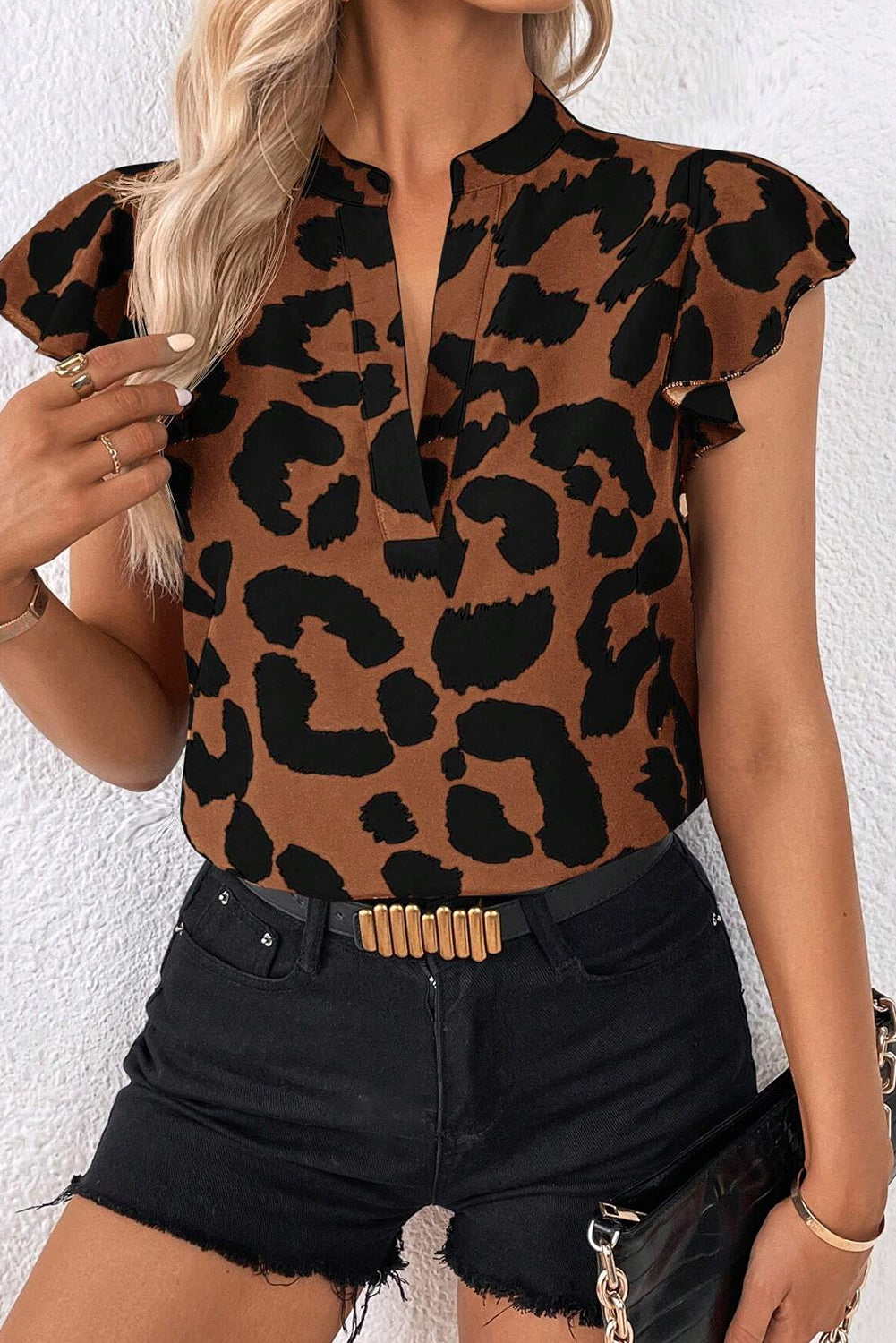 Ruffled Sleeve Blouse | Brown Leopard Split Neck Top