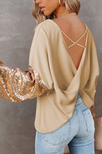 Load image into Gallery viewer, Waffle Knit Top | Apricot Sequin Patchwork Sleeve Open Back
