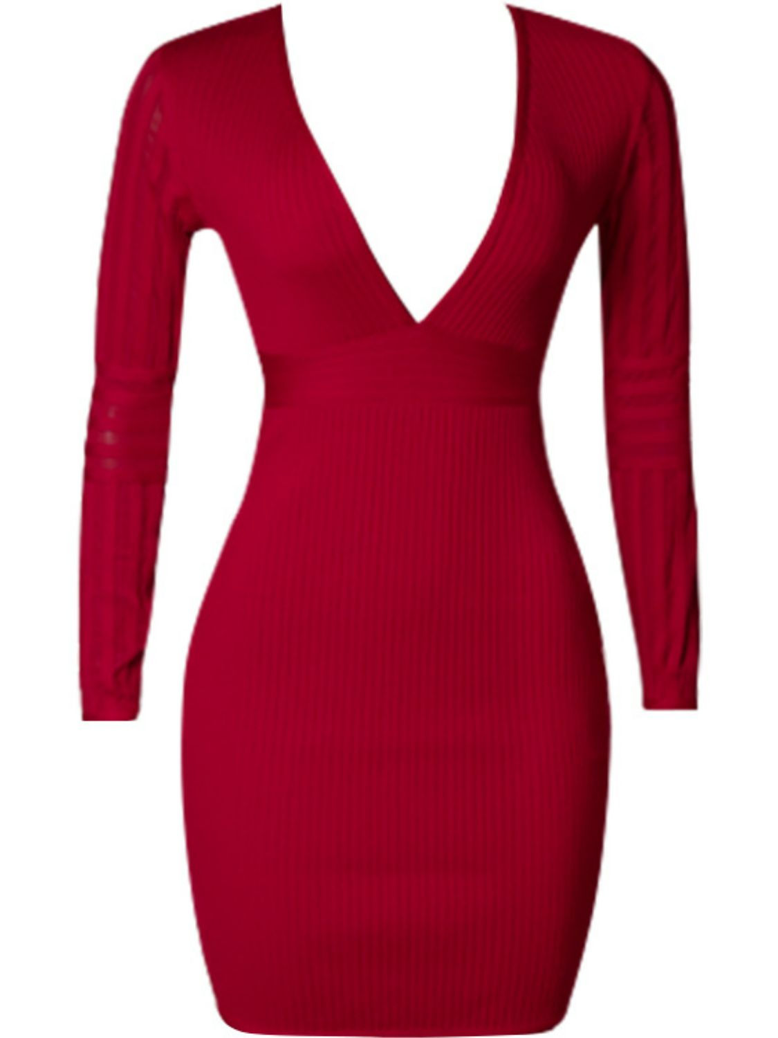 Cocktail Dress | Ribbed Deep V Long Sleeve Mini Dress