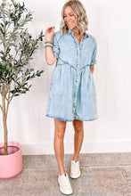 Load image into Gallery viewer, Beau Blue Mineral Wash Ruffled Short Sleeve Buttoned Denim Dress | Dresses/Mini Dresses
