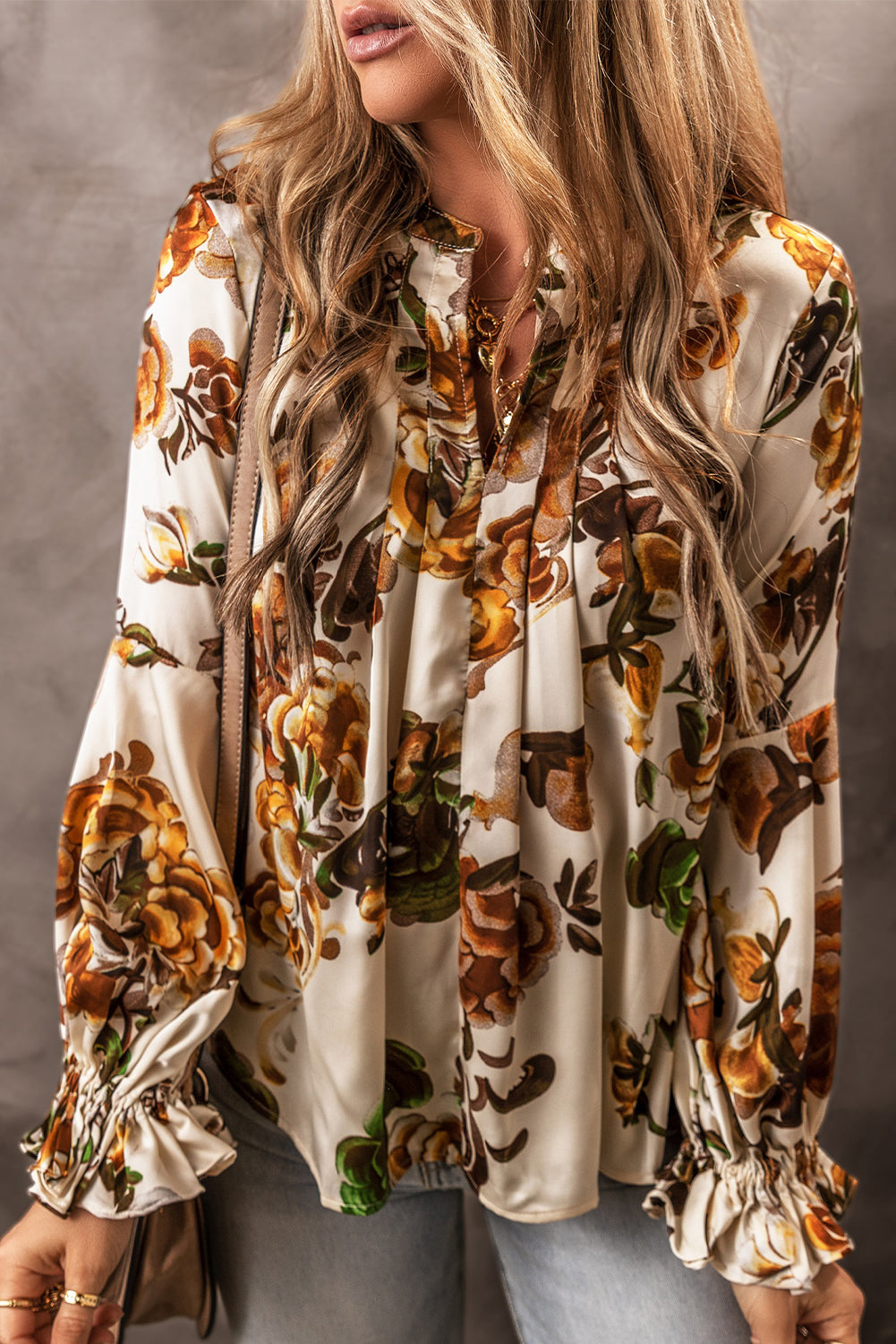 Floral Blouse | Apricot Split Neck Flounce Sleeve Top