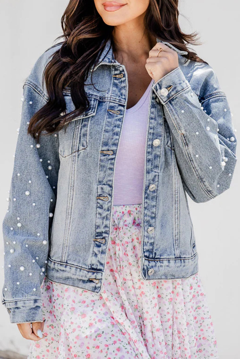 Pearl Beaded Denim Jacket | Sky Blue Pockets Denim Jacket