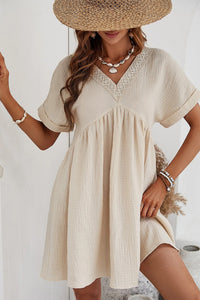 Beige Folded Short Sleeve Lace V Neck Mini Dress | Dresses/Mini Dresses