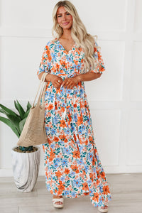 Sky Blue Floral Print Wrap Belted Maxi Dress | Dresses/Maxi Dresses