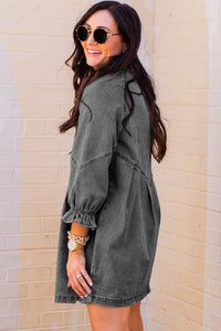 Denim Mini Dress | Gray Buttoned Long Sleeve