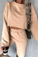 Load image into Gallery viewer, Wide Leg Pants Outfit | Khaki Long Sleeve Distressed Crop Top
