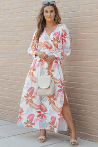 Maxi Dress | Tropical Plant Print Long Sleeve Wrap Dress