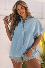 Load image into Gallery viewer, Sky Blue Split V Neck Oversized Denim Blouse | Tops/Blouses &amp; Shirts
