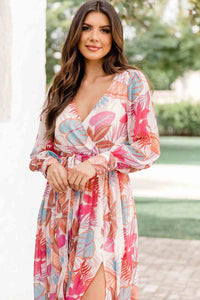 Maxi Dress | Tropical Plant Print Long Sleeve Wrap Dress