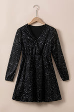 Load image into Gallery viewer, Black Mini Dress | Black Glitter V Neck Long Sleeve Dress
