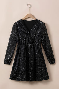 Black Mini Dress | Black Glitter V Neck Long Sleeve Dress