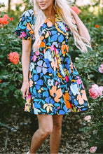 Load image into Gallery viewer, Blue Collared Split Neck Floral Flared Dress | Dresses/Floral Dresses
