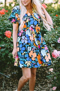 Blue Collared Split Neck Floral Flared Dress | Dresses/Floral Dresses