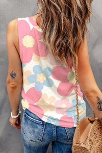 Pink Floral Print Round Neck Sleeveless Top | Tops/Tank Tops